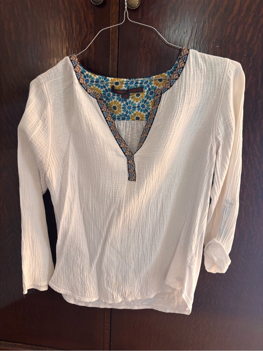 Women’s Cream Long-Sleeve Gauze Top with Floral Trim